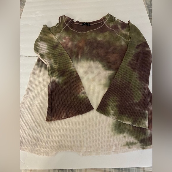T Party Fashion Tops - T Party Tie Dye Waffle Knit Hoodie Top Brown Green Beige Women L Fairy Grunge
